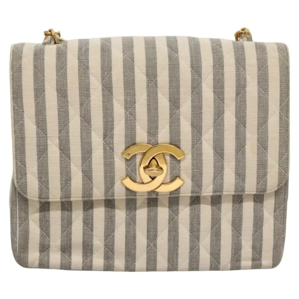 Chanel Canvas Striped Matelasse Chain Shoulder Bag White